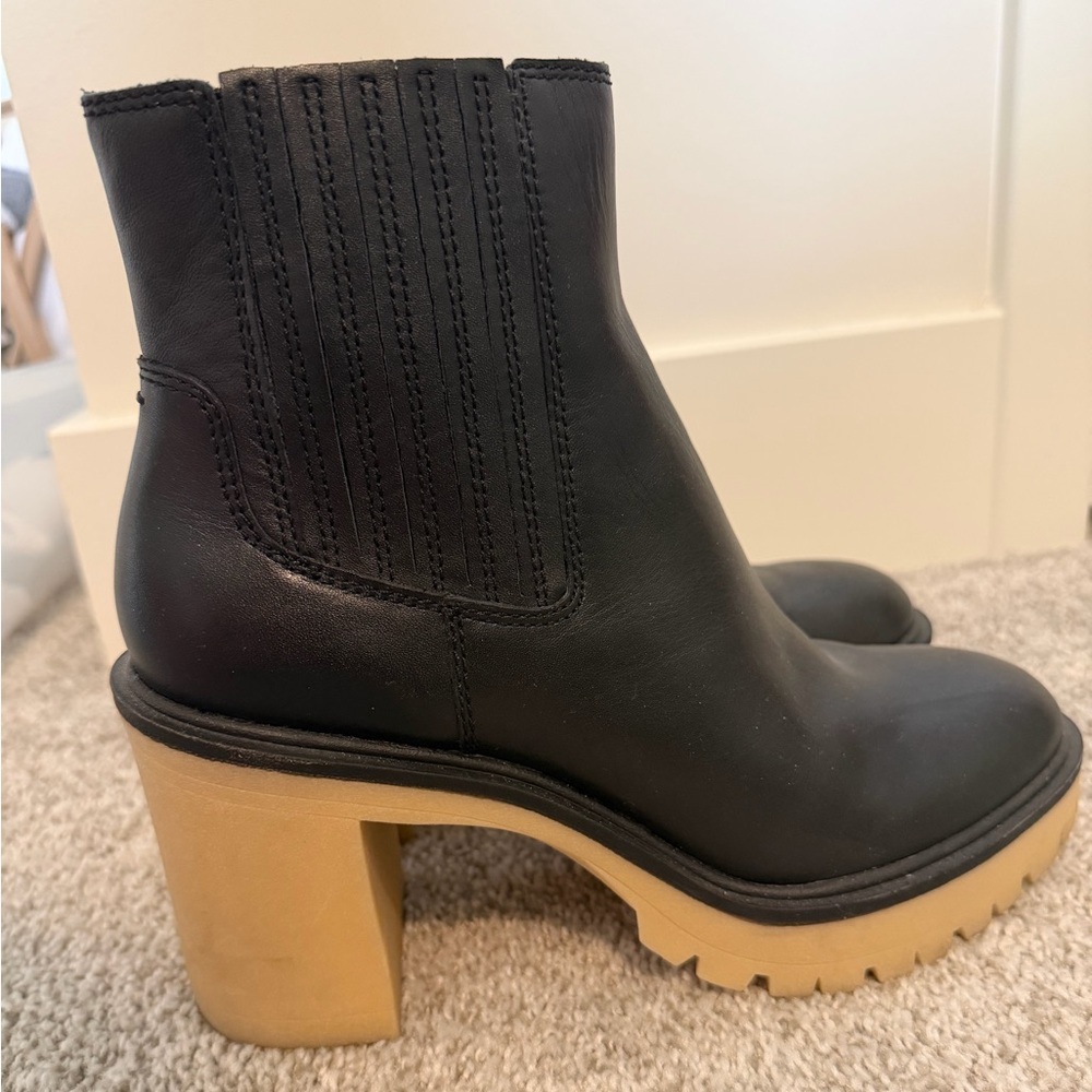 Dolce Vita Black Leather Ankle Boots with Tan Lug Block Heel